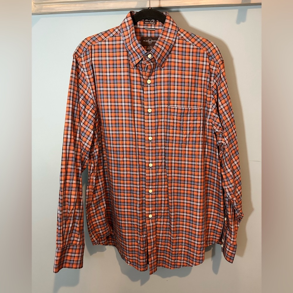 Black Brown 1826 Brown/Orange/Blue Plaid 80's 2-Ply Cotton Button Down Shirt - Picture 1 of 6